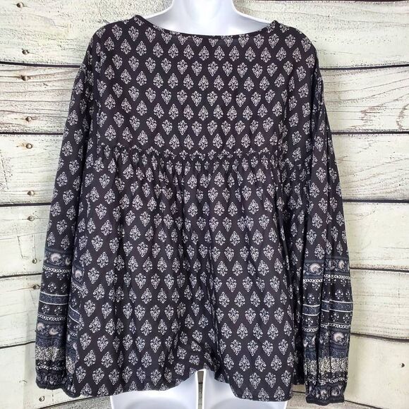 Old Navy Black White Boho Print Peasant Blouse XL Long Sleeve - Picture 4 of 7